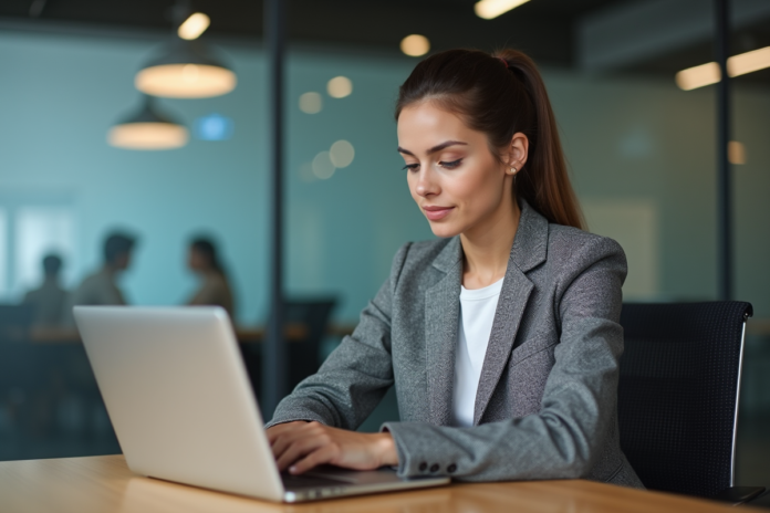 Jeune femme au bureau regardant son ordinateur avec icones réseaux sociaux