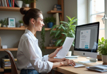 Jeune femme au bureau utilisant Scribus pour la création