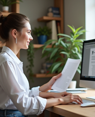 Jeune femme au bureau utilisant Scribus pour la création