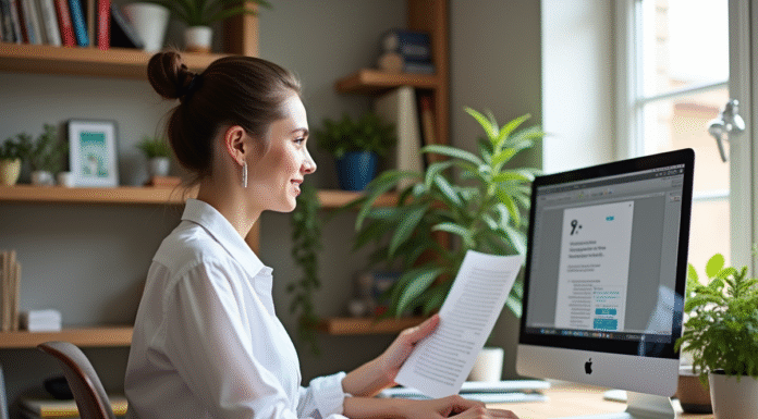 Jeune femme au bureau utilisant Scribus pour la création