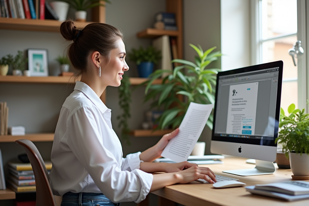 Jeune femme au bureau utilisant Scribus pour la création