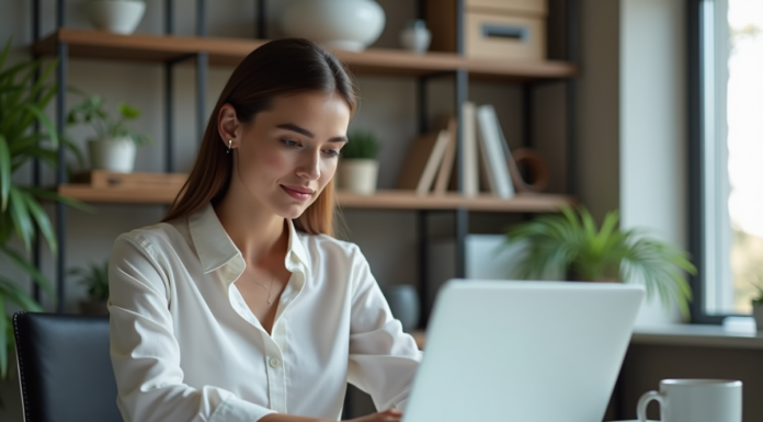 Femme en bureau moderne travaillant sur son ordinateur