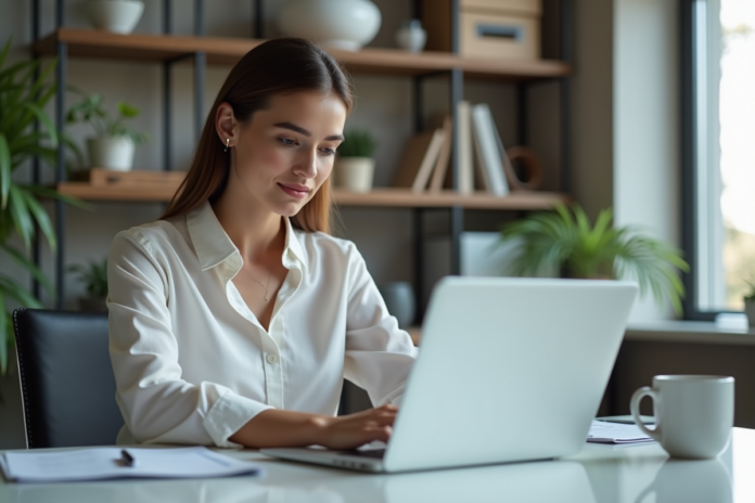 Femme en bureau moderne travaillant sur son ordinateur