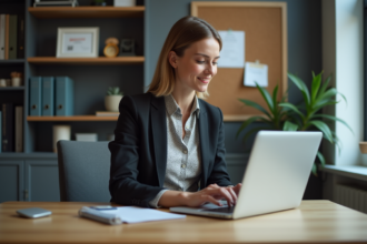 Femme en tenue professionnelle travaillant sur un ordinateur dans un bureau