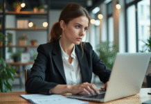 Femme d affaires concentrée travaillant sur son ordinateur dans un bureau moderne