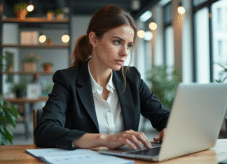 IA dans le service client : avis et retours des clients, en 85 caractères maximum Femme d affaires concentrée travaillant sur son ordinateur dans un bureau moderne