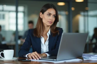 Femme professionnelle au bureau utilisant son ordinateur portable