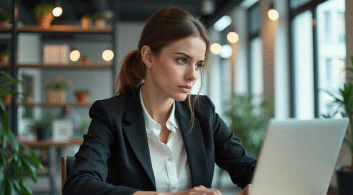 Femme d affaires concentrée travaillant sur son ordinateur dans un bureau moderne