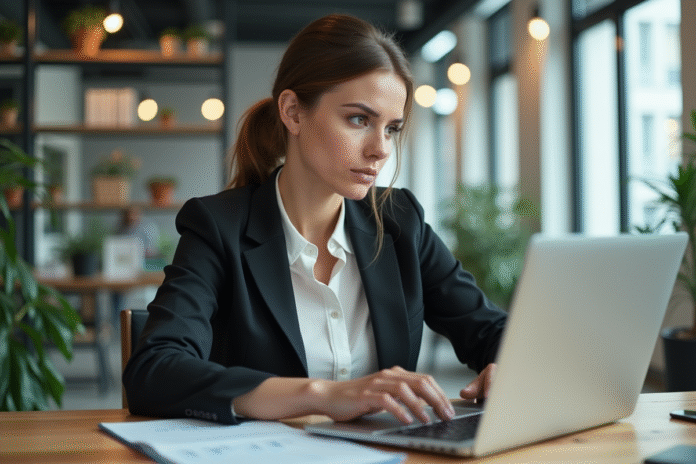 femme-bureau-ordinateur Femme d affaires concentrée travaillant sur son ordinateur dans un bureau moderne