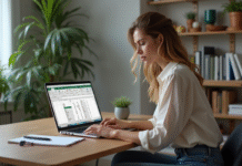 Femme concentrée travaillant sur un ordinateur avec un tableau Excel