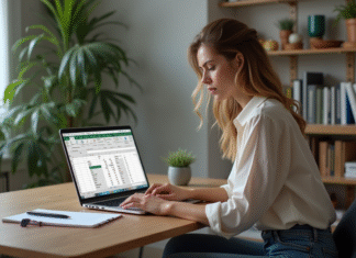 Excel : instruction if contains utile pour rechercher des données Femme concentrée travaillant sur un ordinateur avec un tableau Excel