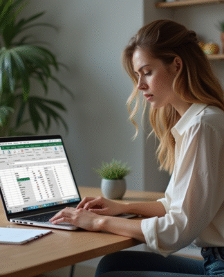 Femme concentrée travaillant sur un ordinateur avec un tableau Excel
