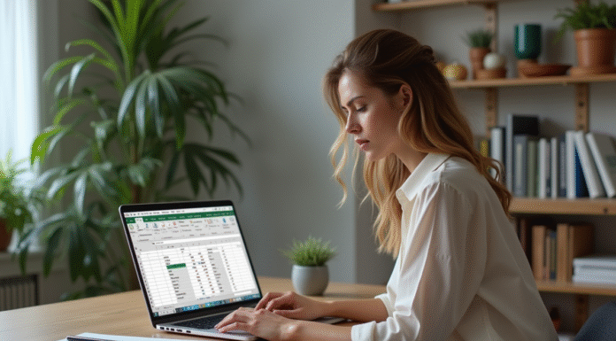 Femme concentrée travaillant sur un ordinateur avec un tableau Excel