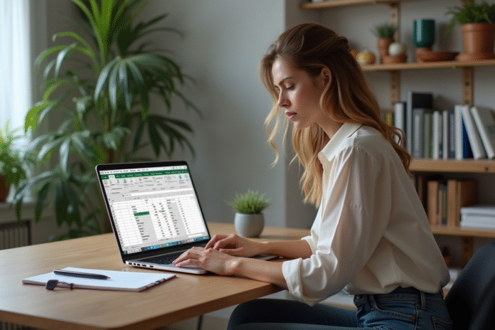 femme-bureau-ordinateur-excel Femme concentrée travaillant sur un ordinateur avec un tableau Excel