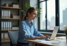 Jeune femme au bureau éditant un PDF sur son ordinateur