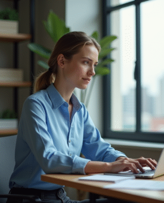 Jeune femme au bureau éditant un PDF sur son ordinateur