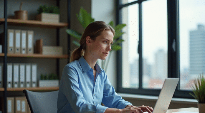 Jeune femme au bureau éditant un PDF sur son ordinateur