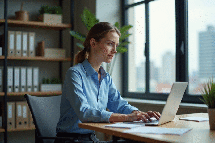 Jeune femme au bureau éditant un PDF sur son ordinateur