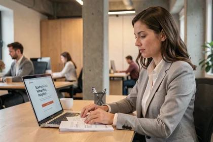 Femme professionnelle analysant des documents de rebranding sur un ordinateur portable dans un bureau moderne, illustrant le changement de nom d'une entreprise en 2026