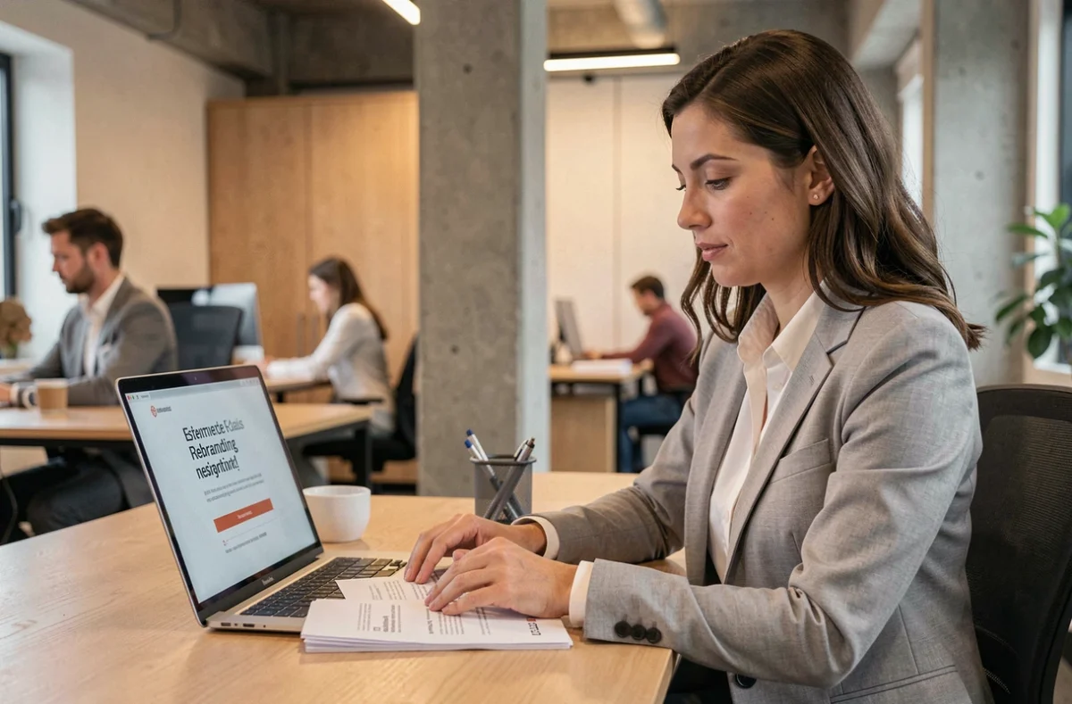 Femme professionnelle analysant des documents de rebranding sur un ordinateur portable dans un bureau moderne, illustrant le changement de nom d'une entreprise en 2026