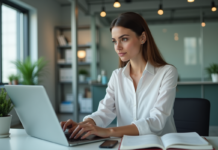 Principes de sécurité : découvrez les 4 essentiels à protéger vos données ! Femme professionnelle travaillant sur son ordinateur en bureau