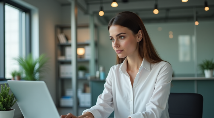 Femme professionnelle travaillant sur son ordinateur en bureau