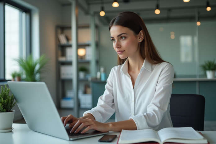 Femme professionnelle travaillant sur son ordinateur en bureau