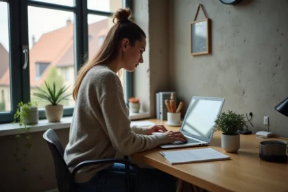 Femme concentrée travaillant sur son ordinateur dans un appartement strasbourgeois