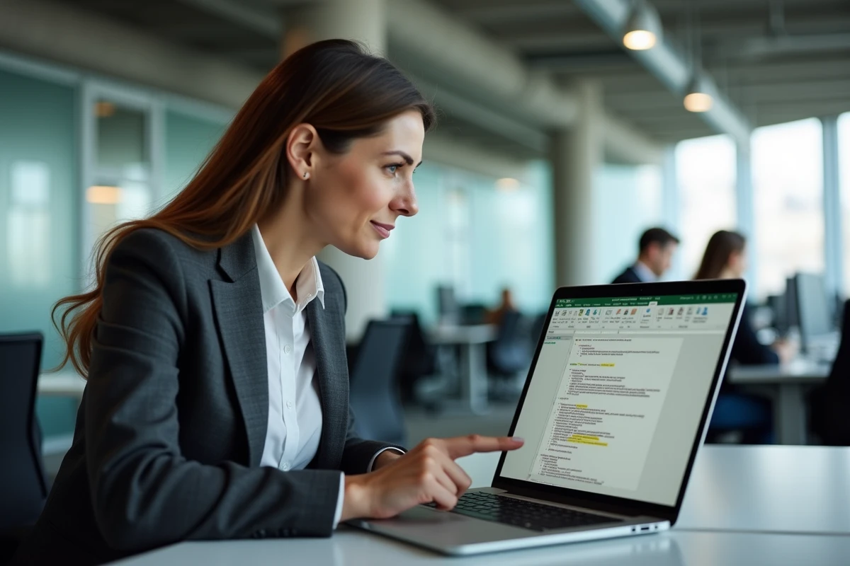 Femme professionnelle pointant un code VBA sur laptop dans un bureau en open space avec des cellules Excel surlignées