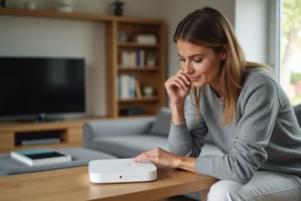 Femme lisant l'étiquette du code WiFi au dos d'une Bbox dans un salon moderne