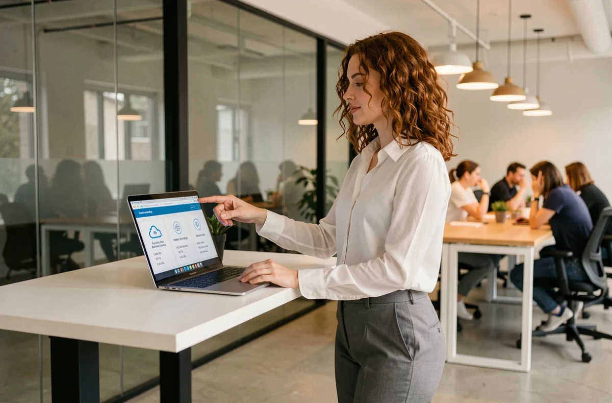 Femme en espace de coworking comparant les tarifs de services cloud pour ordinateur quantique sur laptop