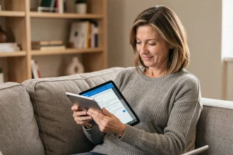 Femme d'une quarantaine d'années configurant l'accès à sa messagerie AOL sur une tablette depuis son salon