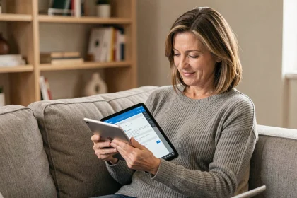 Femme d'une quarantaine d'années configurant l'accès à sa messagerie AOL sur une tablette depuis son salon