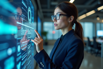 Femme d'affaires en interaction avec interface quantique