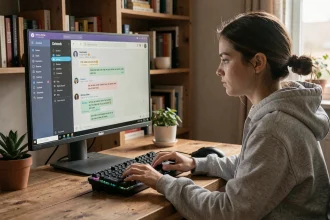 Jeune femme utilisant Discord sur PC avec du texte en italique visible dans la fenêtre de chat