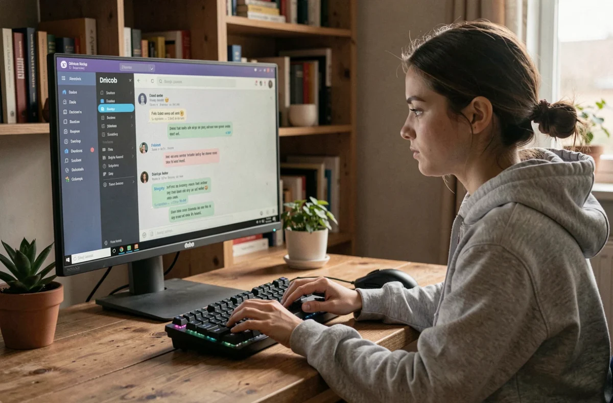 Jeune femme utilisant Discord sur PC avec du texte en italique visible dans la fenêtre de chat