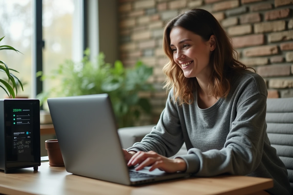 Femme comparant des données d energie sur son ordinateur portable