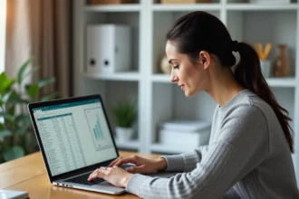 Femme travaillant sur un tableau Excel avec des cellules figées pour suivre un budget annuel sur ordinateur portable