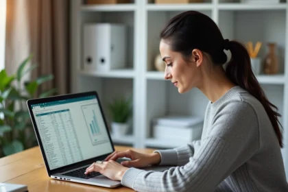 Femme travaillant sur un tableau Excel avec des cellules figées pour suivre un budget annuel sur ordinateur portable