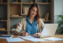 Femme remplissant un formulaire officiel dans un bureau à domicile