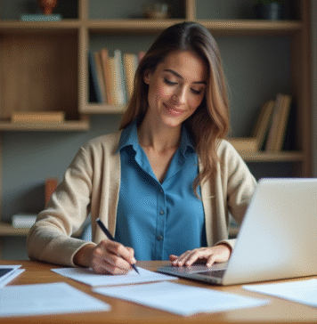 Changer nom sur : procédure étape par étape pour réussir Femme remplissant un formulaire officiel dans un bureau à domicile