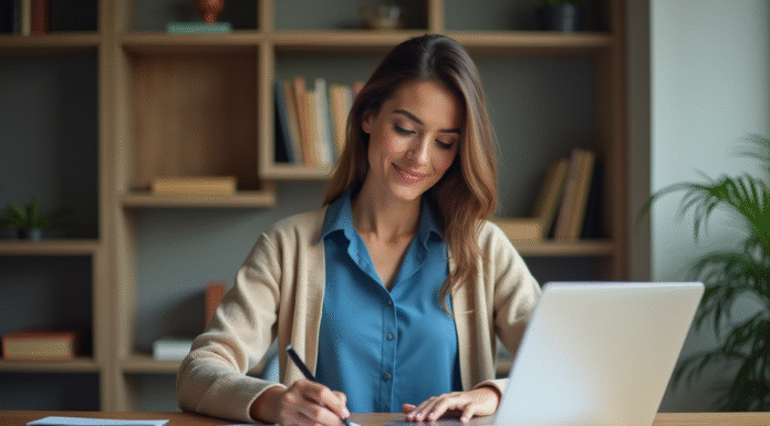 Femme remplissant un formulaire officiel dans un bureau à domicile