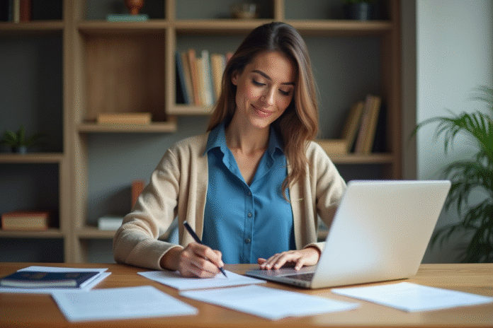 femme-formulaire-papiers Femme remplissant un formulaire officiel dans un bureau à domicile