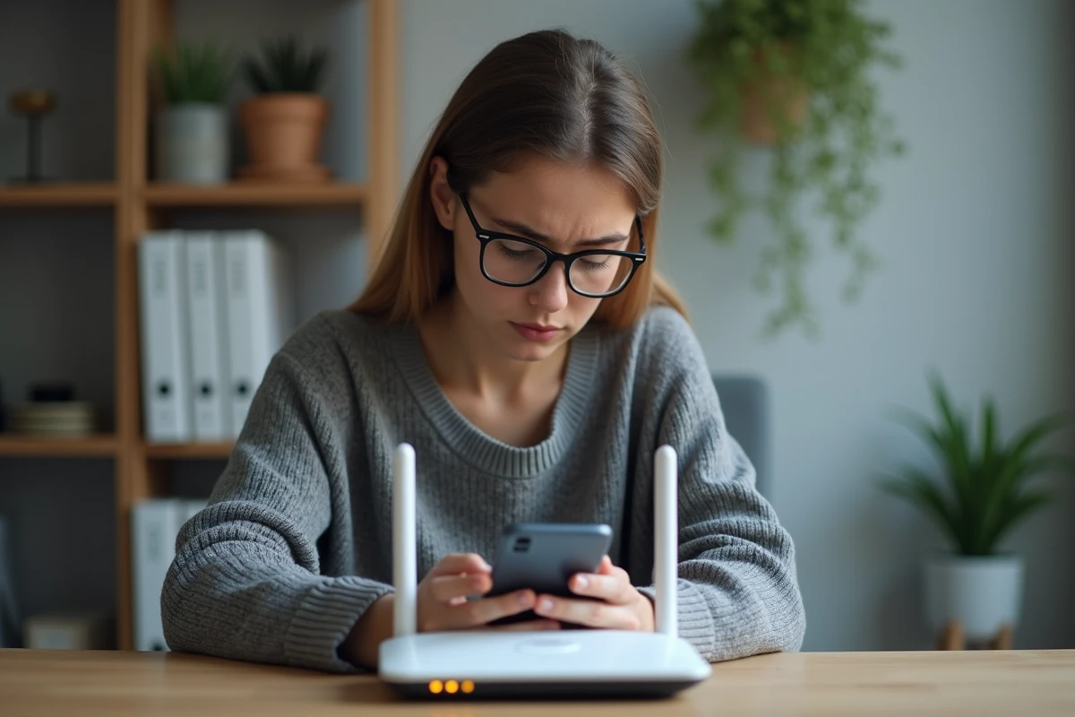 Femme frustrée regardant le routeur dans son bureau à domicile