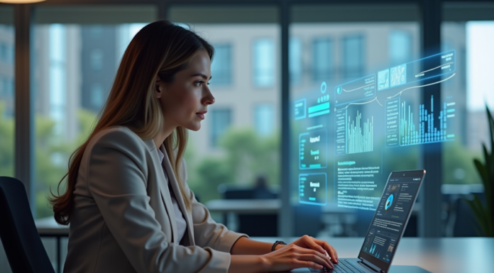 Femme professionnelle interagissant avec un tableau de bord AI marketing