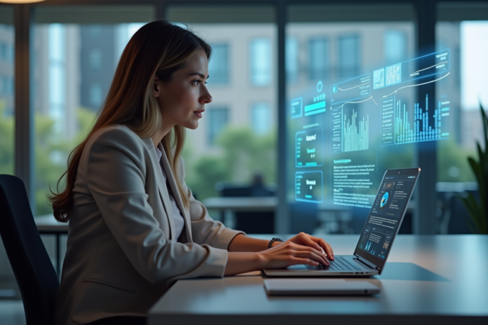 Femme professionnelle interagissant avec un tableau de bord AI marketing