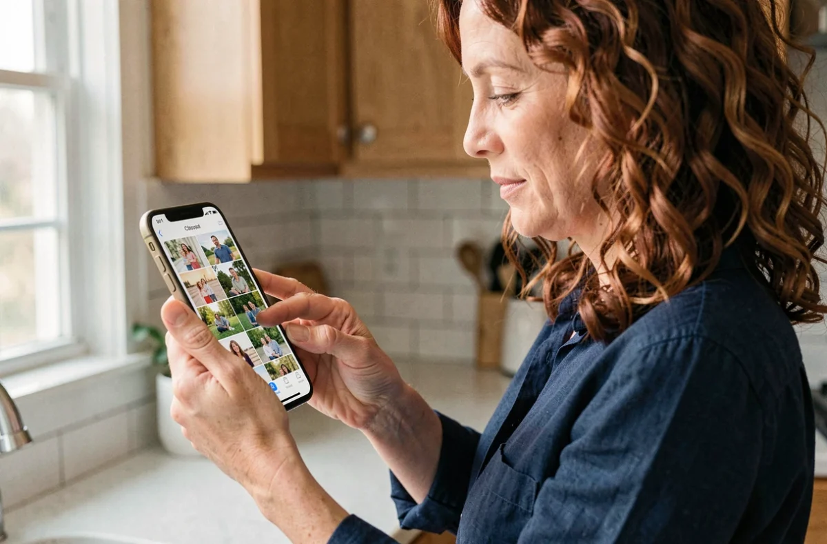 Femme consultant iCloud sur iPhone pour récupérer des photos de famille supprimées définitivement depuis sa cuisine