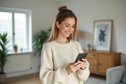 Femme tenant un iPhone dernier modèle dans un salon moderne, guide d'achat meilleur iPhone 2026