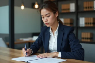 Femme en costume bleu examinant des documents juridiques