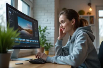 Jeune femme utilisant un logiciel de retouche photo sur ordinateur pour ouvrir et modifier des fichiers image au format JFIF